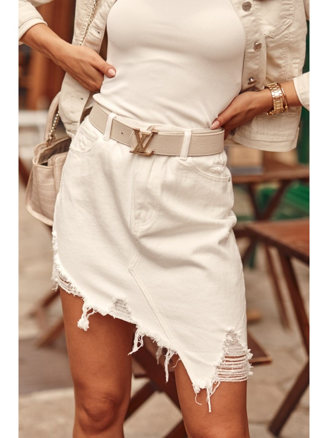 Cream denim skirt with abrasions 68140 - Online store - Boutique